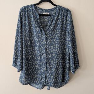 Jachs Girlfriend Blue Floral Button-Up Blouse Size Large Womens Career Spring